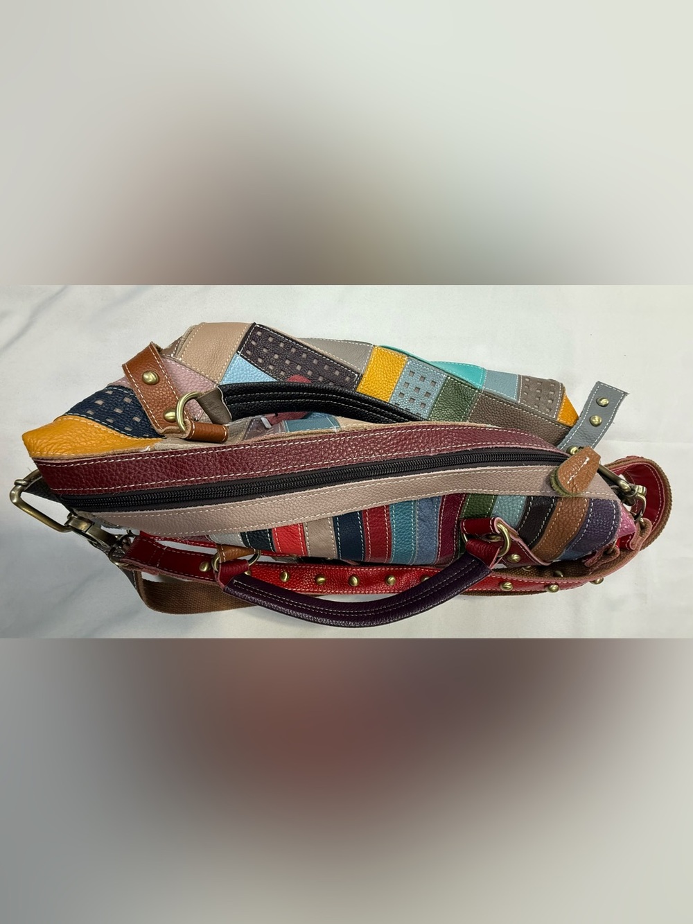 Colorful Striped Leather Shoulder Bag with Studded Strap - Picture 9 of 13